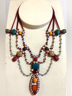 Fashion Jewelry Multicolor Beaded Layered Necklace with Red Cord